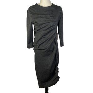 Jarbo Gray Ruched Ponte Knit Midi Dress 3/4 Sleeve Minimalist Chic Size L